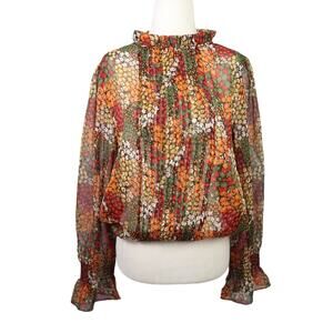 Walter Baker orange green red ditsy floral sheer blouse top M